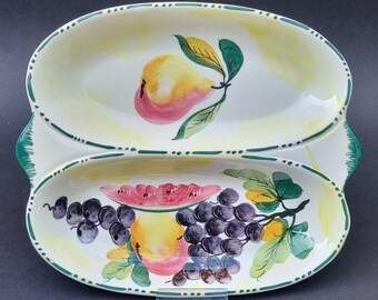 Bristolia Italy Vintage 1980s Two Section Glazed Oval Shaped Platter/Serving Dish With Hand-Painted Fruit Designs.