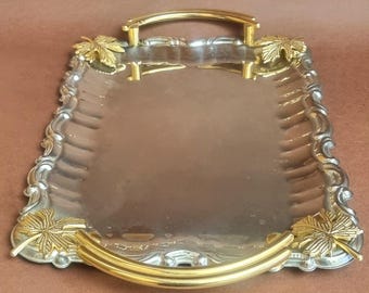 Vintage Silver Plated Serving Tray with Gold Metal Handles and Maple Leaves.