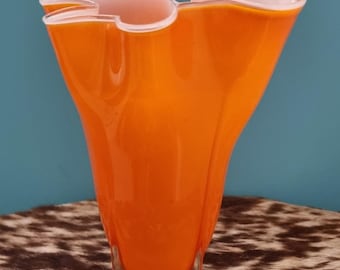 Iwatsu Japan Mid Century Modern Orange Cased Ruffled/Fluted Handkerchief Glass Vase.