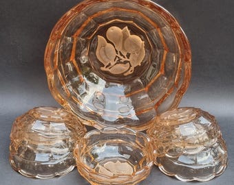 Art Deco Pink Pressed Glass Bowls - 1930s Etched Fruit Design - Set of 5