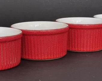Vintage Emily Henry France 40-08 Ribbed Cerise Ceramic Ramekins/Souffle Dishes with White Interior- Set of 4.