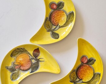 Vintage Italian Crescent-Shaped  Yellow Hand Painted with Fruit Motif Dishes/Plates - Set of 3.