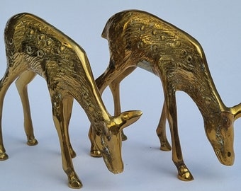 A Wonderful Pair of 2 Vintage 1970s Brass Spotted Deer Figurines.