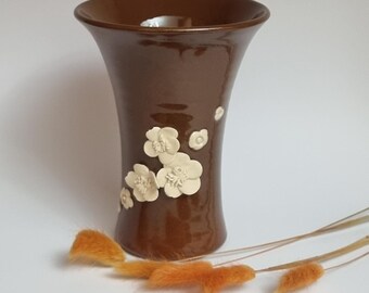 Mid Century 1950s Holkham Pottery Rare Brown Ceramic Vase with Attached Ceramic Flowers.
