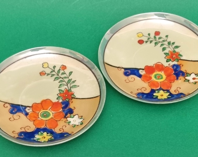 Featured listing image: Mid Century Japanese Lustreware Floral Decorative Hand Painted Porcelain Saucers - Set of 2.