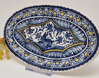 Vintage Coimbra Portugal Decorative "Olivia" Hand Painted Oval Platter/Dish/Tray Featuring A Rabbit Motif.