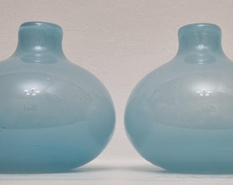 Mid Century Modern Hand Blown Powder Blue Bulbous Glass Bud Vases - Pair.