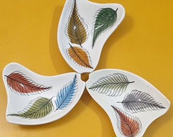 Tasca Italy Mid Century Freeform Ceramic Hand-Painted Feathers Snack/Serving Dishes - Set of 3.