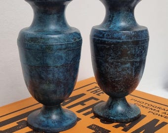 Vintage 1970s Brass Urn Shaped Verdigris Vases - Pair.