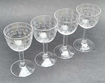 Edwardian Etched Liqueur Glasses - Set of 4 - Greek Key Design