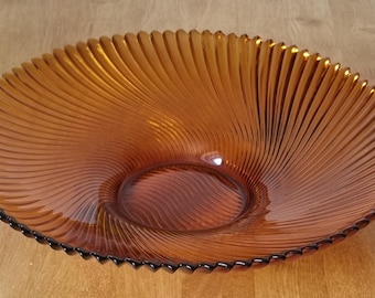 Vintage French Amber Glass Ribbed Spiral Centrepiece Fruit Bowl Scalloped Edge.