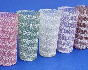 5 Colourful, Vintage 1950s Mid Century "ColorCraft, Shat-R-Pruf" Spaghetti String Tumblers. Sold individually. Made in the USA.