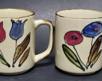 Pair of Vintage 1970s Mid Century "Foreign" Speckled 300ml Stoneware Mugs with Hand-Painted Floral Patterns. Very Charming & Fun.