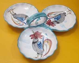 1970s Italian Hand Painted Multi Section Ceramic Rooster/Cockerel Serving Dish/Platter.