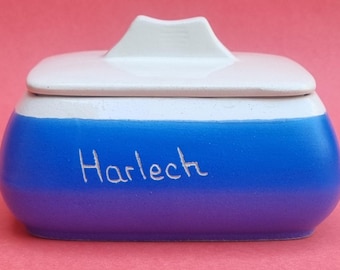 Mid Century 1950s Devonmoor Pottery  Blueware "Harlech" Rectangular Lidded Dish.