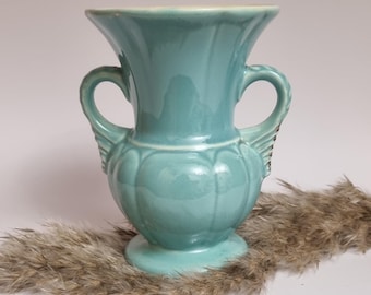 Mid Century 1950s Double Handled Turquoise Vase. Marked Foreign on the Base.