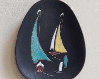 Mid Century Ruscha West German Pottery Ceramic Sailboat Wall Plaque Plate Fat Lava Era.