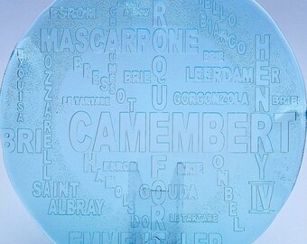 Vintage 1980 Royal Krona Swedish Art Glass Turquoise Smooth Surface Cheese Board. Highlighting The Names of Various Cheese.