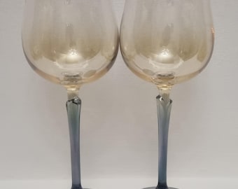 Vintage Colony Czech Brigitte Pattern Iridescent Crystal Tulip Shaped Wine Glasses - Set of 2.