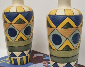 Vintage Studio Art Pottery Hand Painted Abstract & Geometric Designed Vases - Pair.