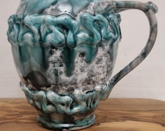 Mid Century 1950s Italian Pottery Green White & Grey Textured Drip Glazed Jug/Creamer - Decorative.