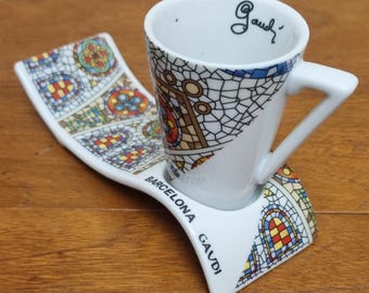 Antoni Gaudi Barcelona Mosaic Inspired Espresso Cup & Wave Plate/Saucer.