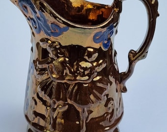 An Antique Victorian Copper Lustre Ware Jug/Pitcher Adorned with 2 Dancing Ladies.