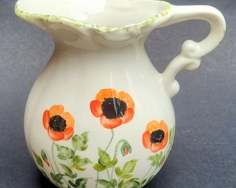 Mid Century Glossy Glazed Ceramic Poppy Pattern Creamer/Jug Hand-Painted by M. Hill - 300ml.