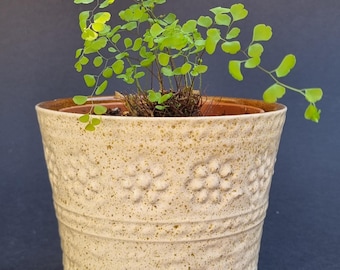 Mid Century 1970s Bay West Germany, Cream & Brown Glazed Ceramic Plant Pot with Embossed Flower Design. No 663-14. ***Plant not Included***