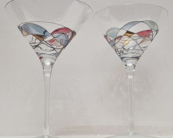 Vintage Artland Helios Blown Hand-Painted Abstract Stained Glass Martini Glasses - Set of 2.