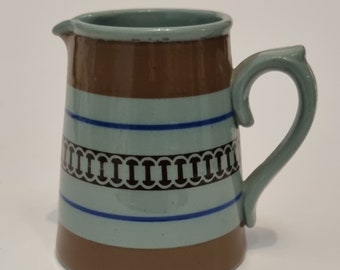 Very Rare Vintage 1930s Dudson Brothers Hanley Glazed Sage Ceramic Stoneware Jug With Brown Slip and  'Mosaic' Band in Black.