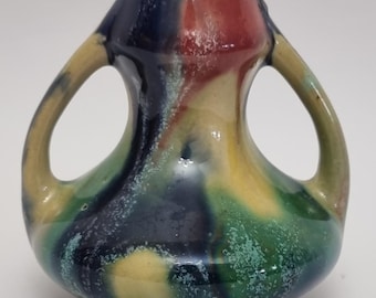 Belgian Art Nouveau Twin Handled Drip Glazed Bud Vase.
