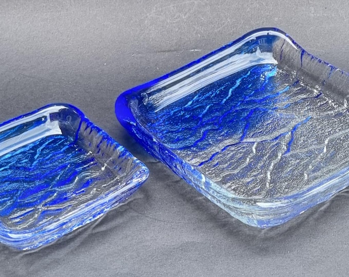 Featured listing image: A Set of 2 Weighty Vintage Blue and Clear Square Embossed Textured Glass Dishes. Collectible & Decorative.