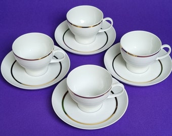 Smart and Minimalist Vintage 1970s Thomas (Rosenthal) Germany, White with Gold Band Porcelain Cups and Saucers.