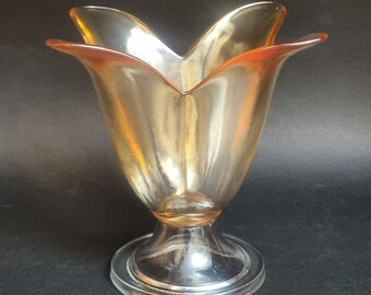 Vintage Art Deco Iridescent Pale Amber Carnival Glass Tulip Shaped Vase.