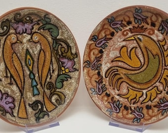 Vintage 1960s Greek Hand-Decorated Terracotta Decorative Wall Plates Featuring Birds/Floral Motifs. 2 are Available.