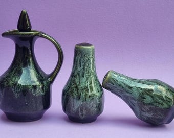 Beautiful Vintage Green Honey Comb Or Drip Glaze with Hints of Blues, Cruet Set - S&P Shakers, Oil/Vinegar Bottle.