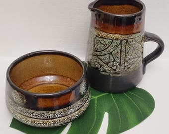 Celtic Pottery Newlyn Brown Textured "Medallion" Pattern Jug & Bowl - Set of 2.