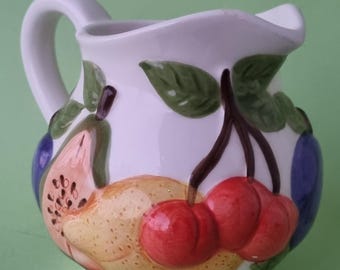 Vintage 1980s Colourful Rayware Embossed Fruit Glazed Ceramic Jug.