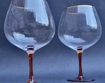 Vintage Large Balloon Shaped Ribbed Gin Glasses/Gold Rims/Amber Stems - Set of 2.