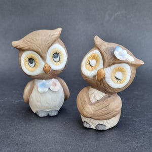 Peut inclure: Deux figurines de chouettes en céramique avec des plumes brunes et crème. La chouette de gauche a les yeux ouverts et une petite fleur bleue et rose sur la poitrine. Celle de droite a les yeux fermés et une fleur bleue sur la tête.