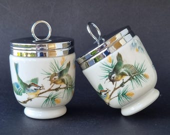 A Pair of Royal Worcester Vintage 1970s Large Porcelain "Wren & Finch Birds" Egg Coddlers/Poachers.