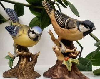 Vintage Maruri Japanese Hand Painted Coal Tit and Blue Tit Porcelain Figurines.