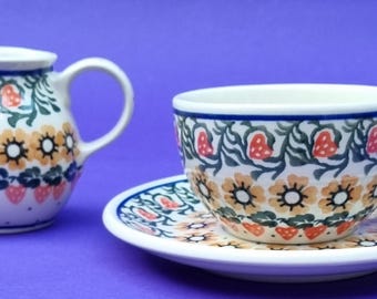 Beautiful Vintage 1980s Unikat Polish Pottery, Traditional Hand-Painted Cup, Saucer & Creamer Jug.