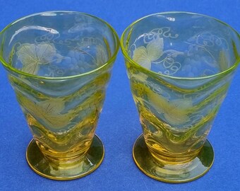 Pair of Antique Vintage Late 19th Early 20th Century Bohemian Czech Etched Grapevine & Ripple Effect Conical Shaped Crystal Amber Glasses.