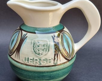 Mid Century 1970s Jersey Pottery Medium White Green and Brown Glazed Jug with with an Abstract Design. 500ml.