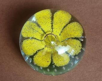 Vintage Murano Hand Blown Art Glass "Yellow Flower" Paperweight.