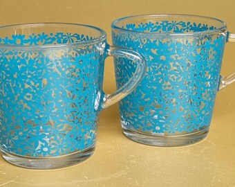 Vintage 1990s IKEA "GODTA" Turquoise Floral Daisy Pattern Mugs. Made in France.