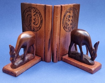 Vintage Hand Carved Sese Wood Antelope Bookends: Ghanaian Gye Nyame Symbol