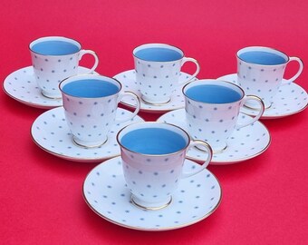 Stunning Vintage 1950s Susie Cooper "Star Burst Pattern" Bone China Tea Cup and Saucer with Gold Rims & Blue Interior. **Sold Individually**